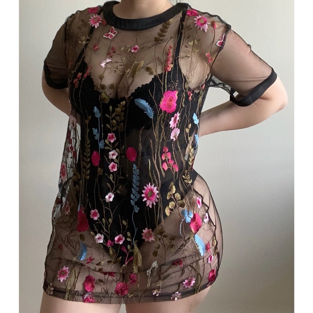 Sheer Black Dress With Floral Embroidery